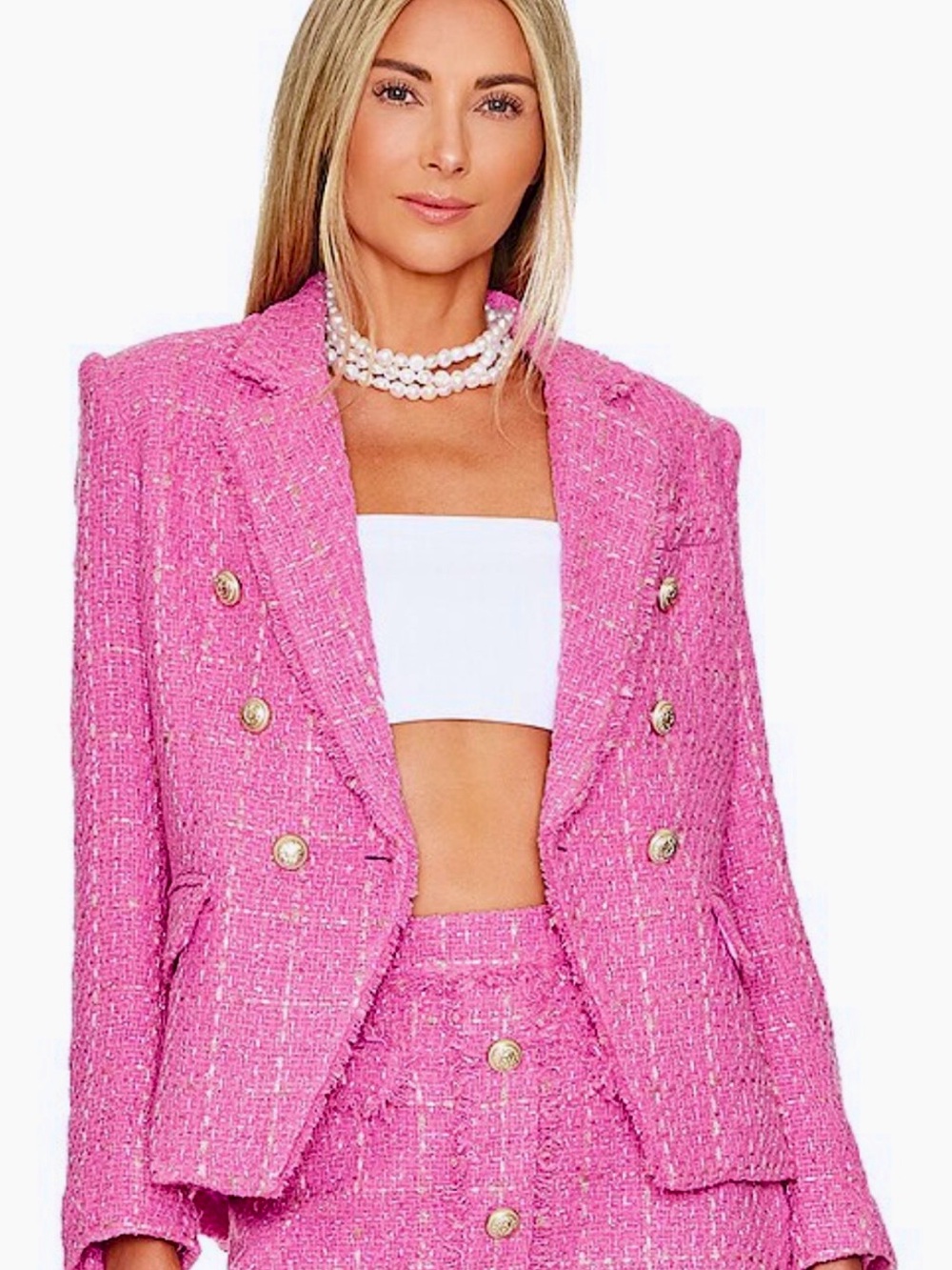 NWT Generation Love Pink Tweed Double-Breasted Blazer Gold Buttons Balmain S / M
